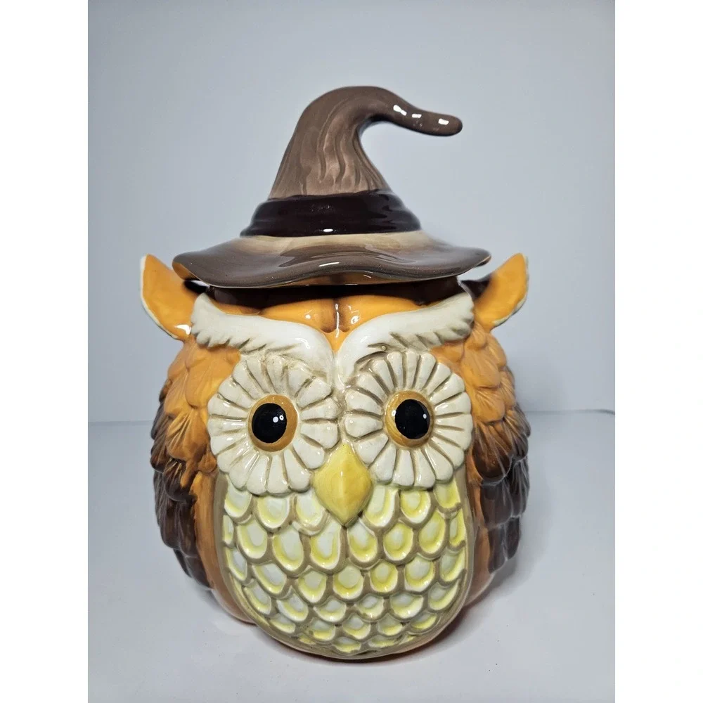 Cracker Barrel Halloween Harvest Owl Ceramic Cookie Jar Witch Hat Spooky Fall